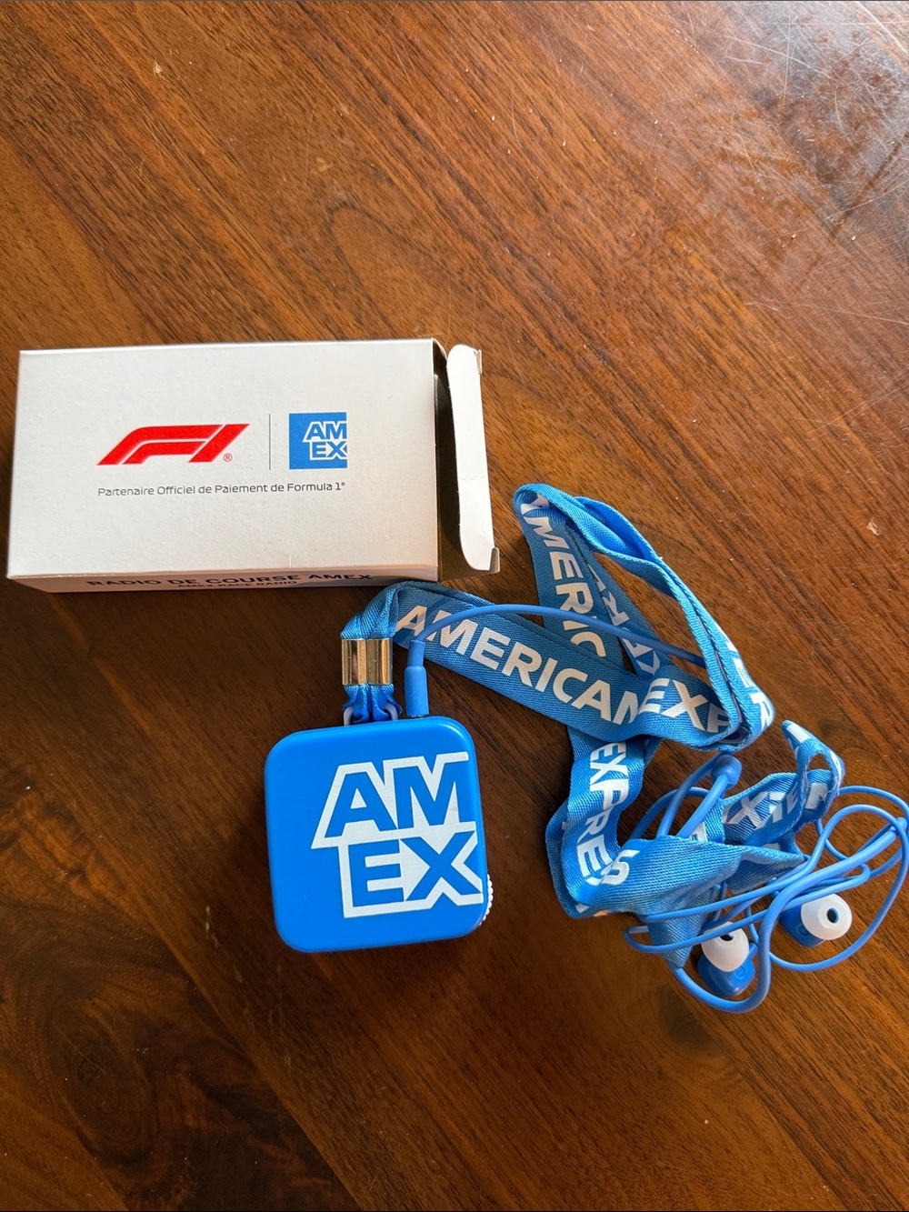 AMEX Blue Lanyard with Earbuds and Badge F1 race radio
